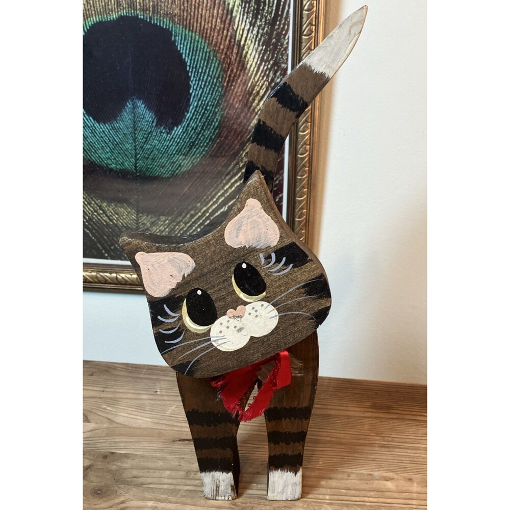 Handmade Wooden Cat Figure 11” Cottage Country Core Hand painted 90s Red Bow